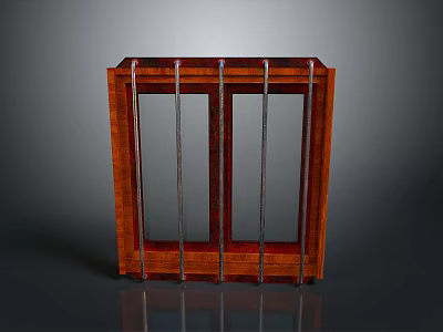 Brown Wooden Double Door With Vertical Metal Bars And Classic Frame Design 3d model
