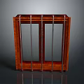 Brown Wooden Double Door With Vertical Metal Bars And Classic Frame Design