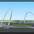 Modern Arch Bridge Design With White Structure Green Grass And Blue Sky 3d model