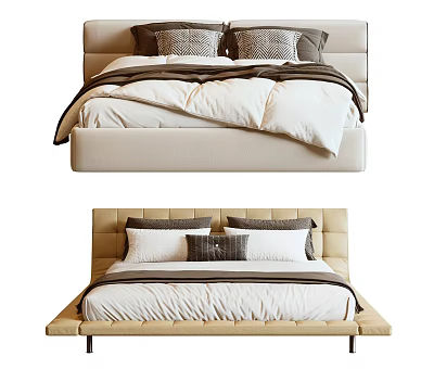 Stylish Double Bed With Beige Upholstered Headboard White Bedding And Wooden Frame 3d model