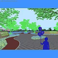 Park Landscape With Winding Pathway Green Trees Grass And Little Girl Holding Balloons