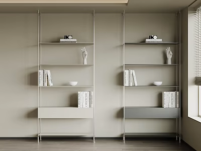 Modern Bookshelves With Metal Frame White Gray Shelves Books Sculptures And Bowls 3d model
