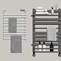 Bathroom Towel Radiators in Silver and Black with Hanging Towels and Toiletries