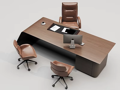 Wooden Office Desk With Leather Chairs Computer Monitor And Workspace Setup 3d model