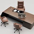 Wooden Office Desk With Leather Chairs Computer Monitor And Workspace Setup