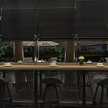 Modern Cafe Interior Design With Wooden Tables Chairs Hanging Lamps Green Plants And Bookshelves