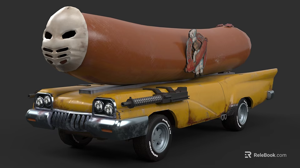 Weapon Shaped As Large Hotdog On Yellow Car Roof With Mask And Bound Object 3d model 