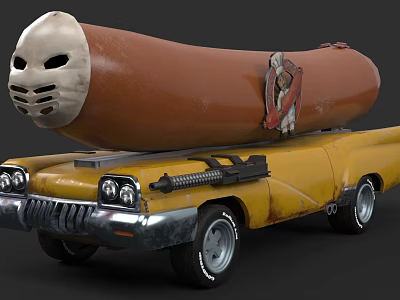 Weapon Shaped As Large Hotdog On Yellow Car Roof With Mask And Bound Object 3d model