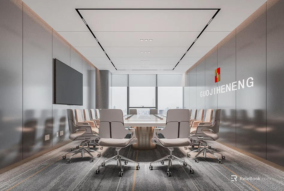 Modern Conference Room Interior With Large Screen Conference Table And Ergonomic Chairs 3d model 