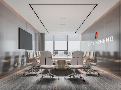 Modern Conference Room Interior With Large Screen Conference Table And Ergonomic Chairs 3d model