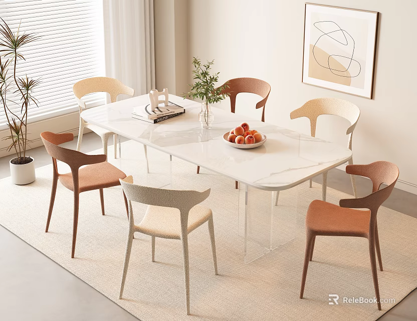 Modern Dining Table Set White Oval with Beige Brown Orange Chairs Green Plant Fruit Bowl 3d model 