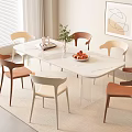 Modern Dining Table Set White Oval with Beige Brown Orange Chairs Green Plant Fruit Bowl