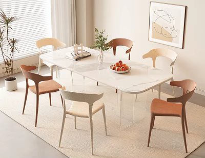Modern Dining Table Set White Oval with Beige Brown Orange Chairs Green Plant Fruit Bowl 3d model