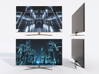 Modern LED Television with Futuristic Cityscape Display Sleek Slim Body and Golden Stand 3d model
