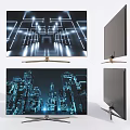 Modern LED Television with Futuristic Cityscape Display Sleek Slim Body and Golden Stand