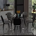 Modern Round Dining Table Set with Gray Chairs White Cabinet and Marble Floor 3d model