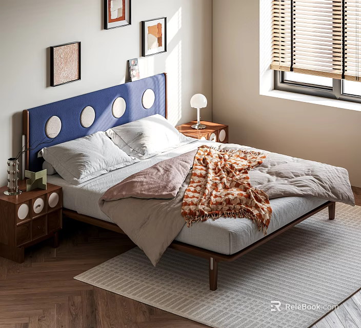 Cozy Bedroom Interior With Blue Headboard Circular Decor Wooden Floor Nightstands Lamp Blinds And Rug 3d model 
