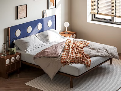 Cozy Bedroom Interior With Blue Headboard Circular Decor Wooden Floor Nightstands Lamp Blinds And Rug 3d model
