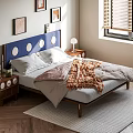 Cozy Bedroom Interior With Blue Headboard Circular Decor Wooden Floor Nightstands Lamp Blinds And Rug