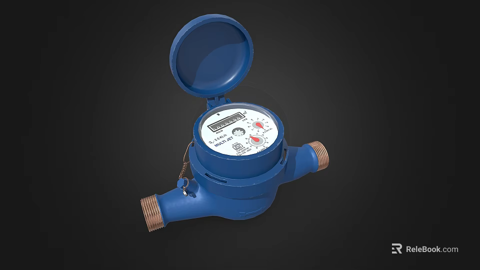 Blue Water Meter With Open Lid Mechanical Dial And Brass Connections 3d model 