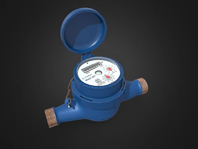 Blue Water Meter With Open Lid Mechanical Dial And Brass Connections 3d model