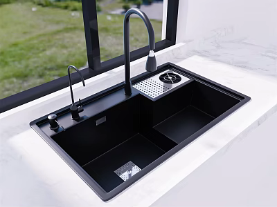 Black Double Bowl Kitchen Sink With Faucet Drainer On White Marble Countertop 3d model