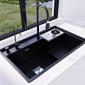 Black Double Bowl Kitchen Sink With Faucet Drainer On White Marble Countertop