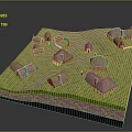 Ancient Village Model Featuring Multiple Thatched Roof Cottages On Green Grassy Area