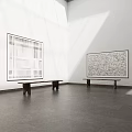 Spacious White Gallery Interior Featuring Large Black White Abstract Paintings Wooden Benches Dark Stone Floor