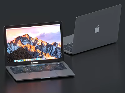 Apple Silver Laptop With Open Screen Displaying Mountain Landscape And Closed Lid 3d model