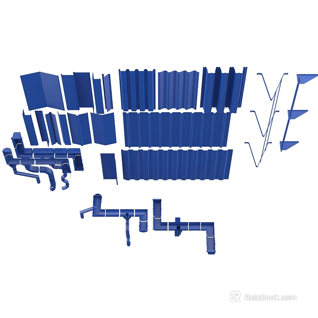 Blue Building Components With Corrugated Panels Pipes And Support Frames 3d model