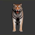 Realistic Standing Tiger Model With Striped Fur Open Mouth And Reflection On Dark Surface
