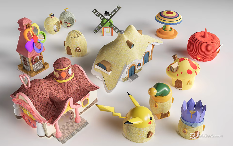Colorful Cartoon Themed Miniature Models Including Houses Windmill And Character Figures 3d model 
