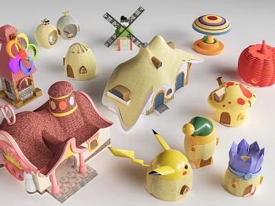 Colorful Cartoon Themed Miniature Models Including Houses Windmill And Character Figures 3d model
