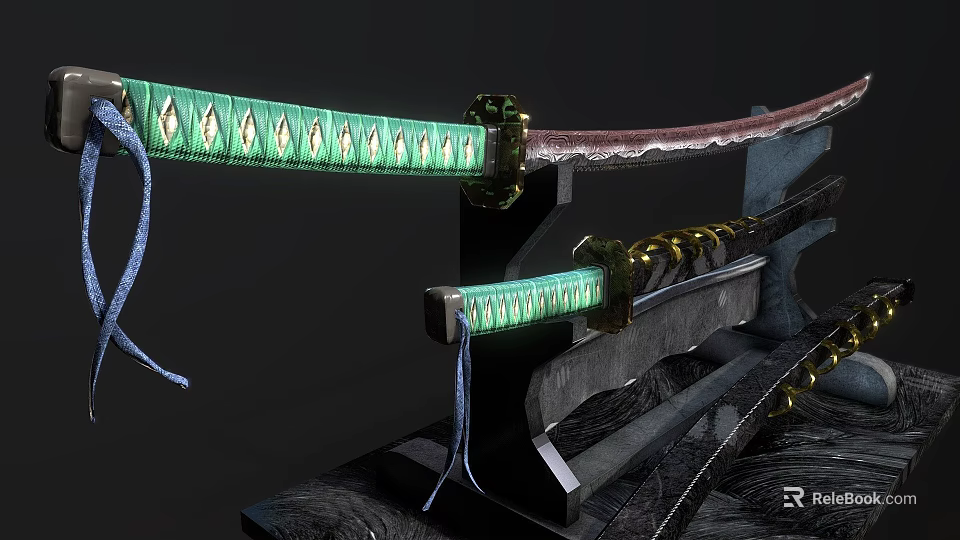 Traditional Swords With Green Scabbards And Golden Fittings On Black Stand 3d model 