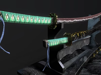 Traditional Swords With Green Scabbards And Golden Fittings On Black Stand 3d model