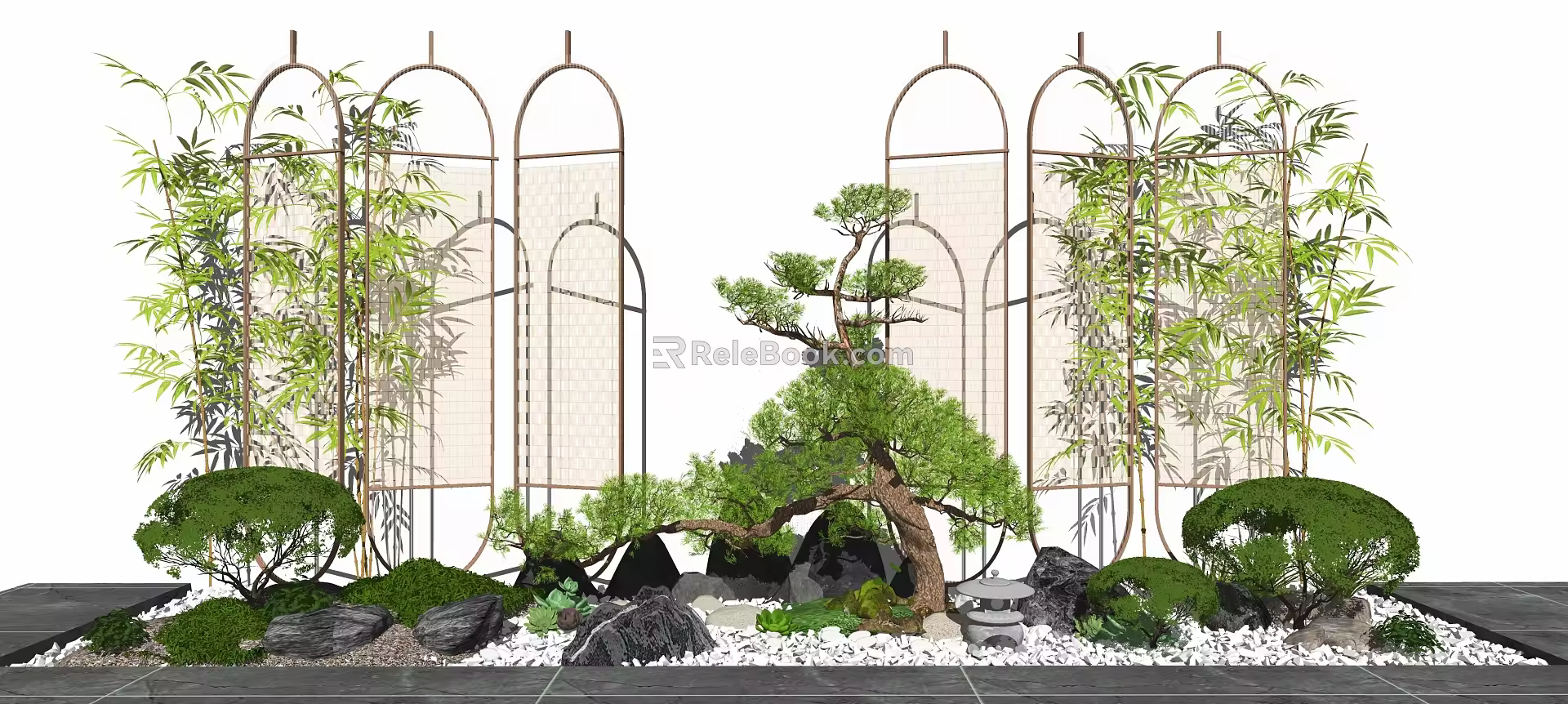 New Chinese style landscape sketch courtyard landscape stone tree partition 3d model