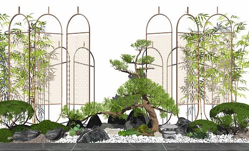 New Chinese style landscape sketch courtyard landscape stone tree partition 3d model