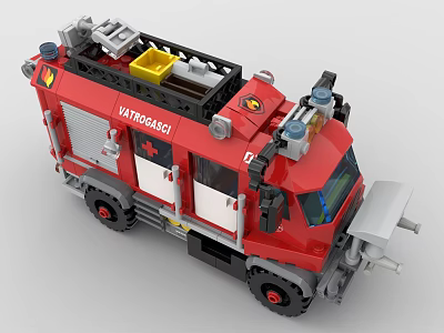 Red Building Block Fire Truck Toy with VATROSAACH Design Rescue Ladder and Water Tank 3d model