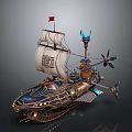 Steampunk Inspired Airship Design With White Sail Red Flag Blue Flame And Propellers