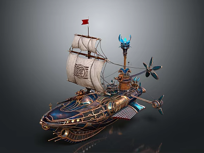 Steampunk Inspired Airship Design With White Sail Red Flag Blue Flame And Propellers 3d model