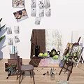 Musical Instruments And Art Supplies In Creative Studio With Easel Paintings Brushes And Paints
