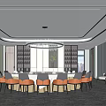 Modern Private Dining Room With Round Table White Tablecloth Brown Chairs And City View 3d model