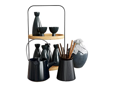 Black Glass Bottles and Small Drinking Cups on Rattan Layer Shelf with Modern Decorative Design 3d model