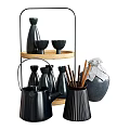 Black Glass Bottles and Small Drinking Cups on Rattan Layer Shelf with Modern Decorative Design