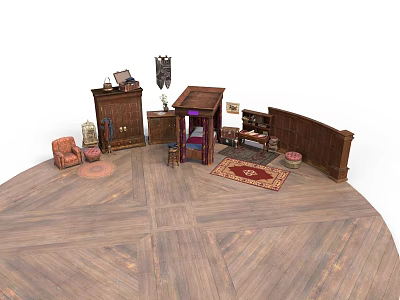Traditional Wooden Furniture Collection In Interior With Cabinet Chair Table Bed Frame And Rug 3d model