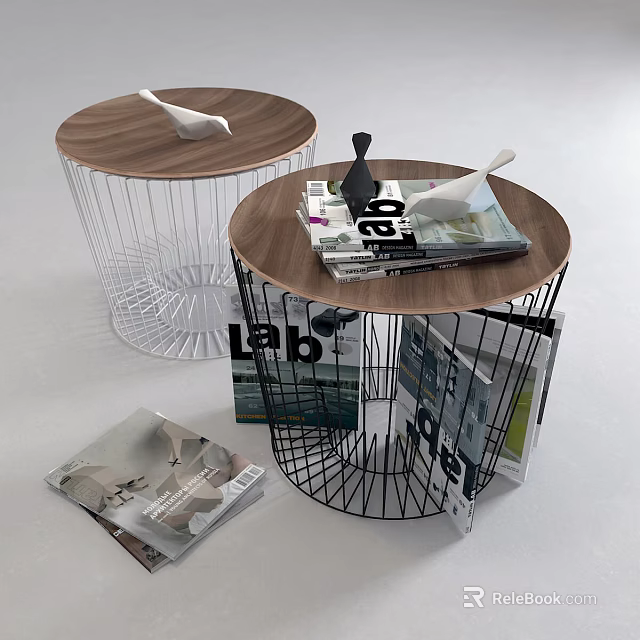 Modern Round Wooden Side Table With Metal Wire Frame Storing Magazines and Bird Decor Accents 3d model 