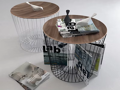 Modern Round Wooden Side Table With Metal Wire Frame Storing Magazines and Bird Decor Accents 3d model