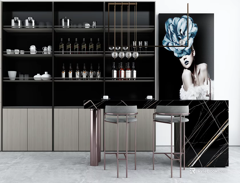 Modern Wine Cabinet With Glass Doors Hanging Glasses Bar Counter And Stools 3d model 