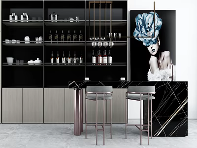 Modern Wine Cabinet With Glass Doors Hanging Glasses Bar Counter And Stools 3d model